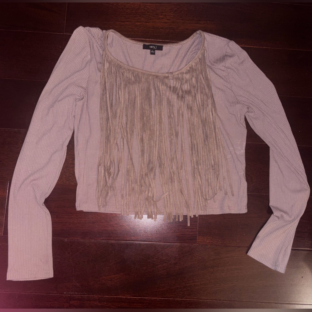 Fringe Long Sleeve Top in Beige